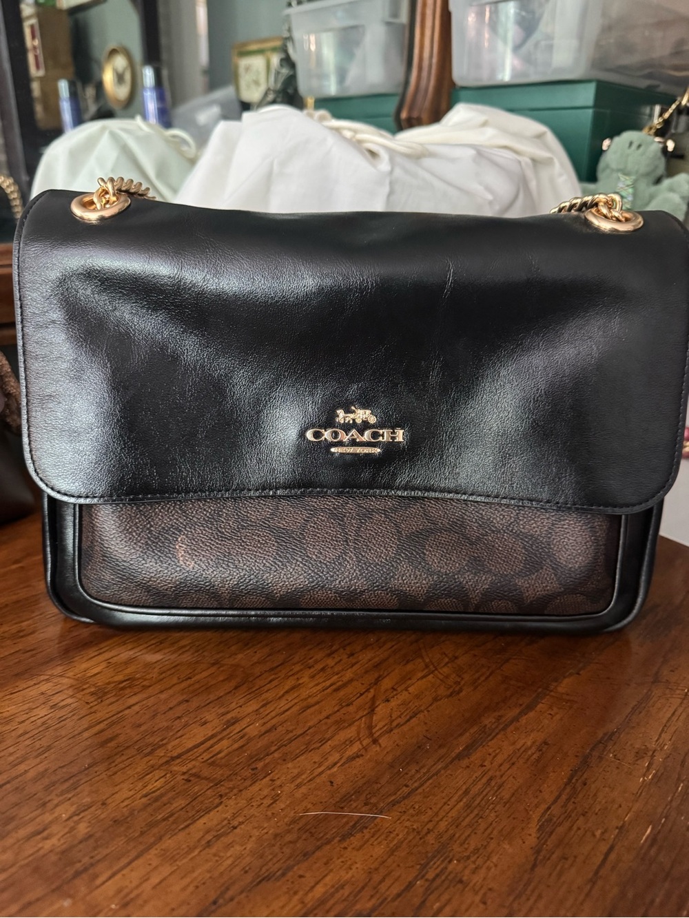 COACH large Elodie Black & Brown Signature Leather Shoulder Bag